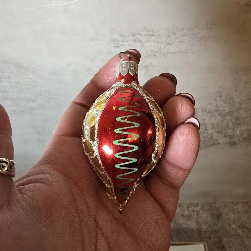 Vintage Glitter Mercury Glass Christmas Ornaments Europe Teardrop Tree Set Of 7